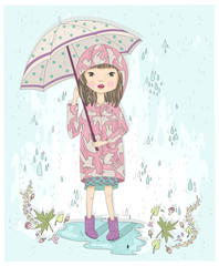 Cute little girl holding umbrella. Autumn background with rain,