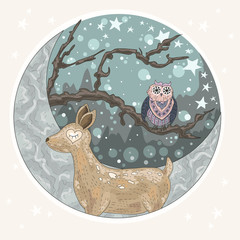 Cute dreaming deer background with mountains, tree, owl, moon an