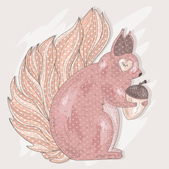 Cute pink squirrel holding acorn. Illustration for kids or child