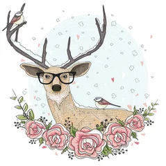 Zelfklevend Fotobehang Cute hipster deer with glasses, flowers, and bird. © Dovikuu