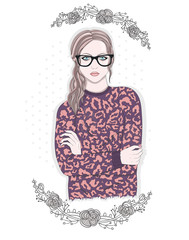 Young fashion girl illustration. Hipster girl with glasses and f