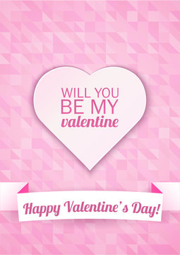 Valentine's day card on a pink mosaic background with Happy Valentine's Day text. Vector illustration