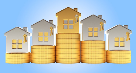 Silver and golden houses on stacks of coins on blue background