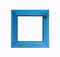 Blue square wooden picture frame isolated on white background.