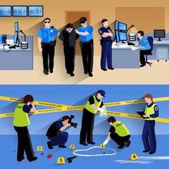 Working Policeman People  Horizontal Banners Compositions