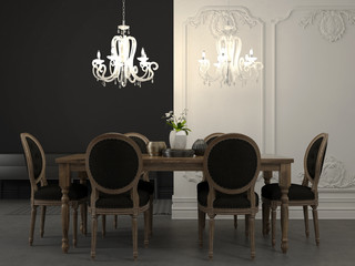 Dining table and beautiful white chandelier