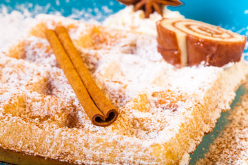 Traditional belgium soft fresh waffles with a decor on a plate.