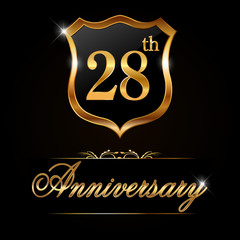 28 year anniversary golden label, 28th anniversary decorative golden emblem - vector illustration