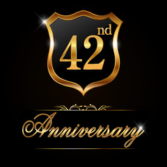 42 year anniversary golden label, 42nd anniversary decorative golden emblem - vector illustration