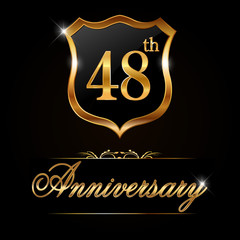 48 year anniversary golden label, 48th anniversary decorative golden emblem - vector illustration