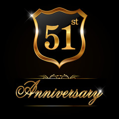 51 year anniversary golden label, 51st anniversary decorative golden emblem - vector illustration