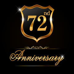 72 year anniversary golden label, 13th anniversary decorative golden emblem - vector illustration