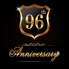 96 year anniversary golden label, 96th anniversary decorative golden emblem - vector illustration