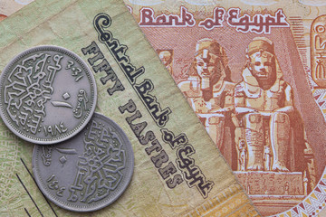 Fototapeta na wymiar Different banknotes and coins of Egyptian money