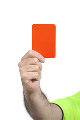 Referee hand holding a red card for punishment isolated on white background. The image contains clipping path.