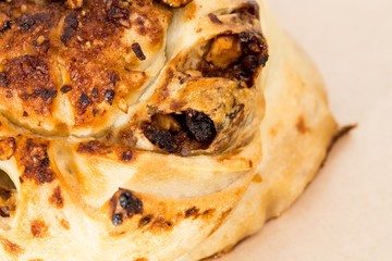 Closeup of puff cake with cheese.