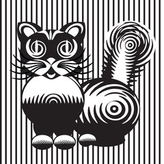 Стилизованное изображение кота в черном и белом цветах, составленное из геометрических фигур и завитков