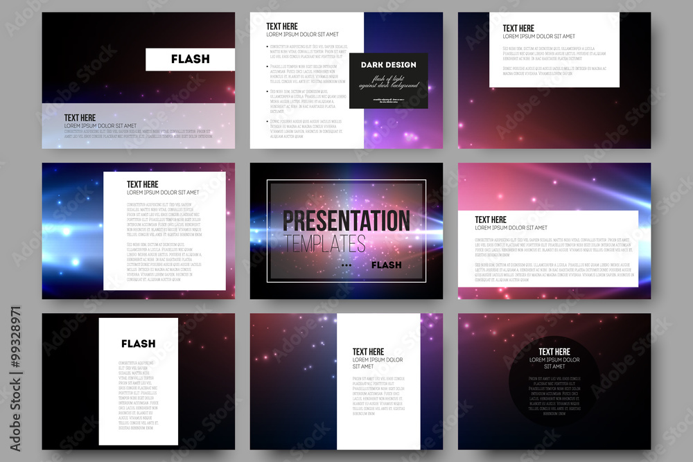 Poster set of 9 vector templates for presentation slides. flashes against dark background
