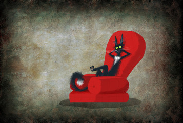 Black Cat Resting in Red Chair - Powered by Adobe