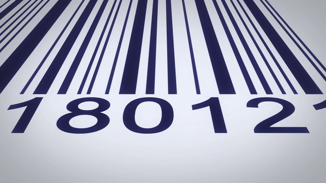 barcode over a white background, scanning by red barcode reader. Closeup on array of digits of black barcode isolated on a white background.
