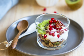 Granola with Greek yogurt ,Kiwi and Pomegranate