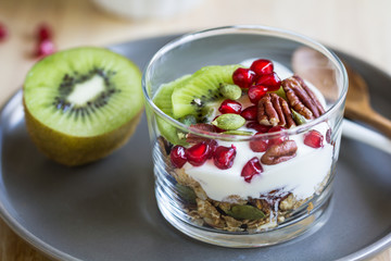 Granola with Greek yogurt ,Kiwi and Pomegranate