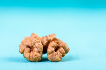 Half Walnut Kernel On Blue Background