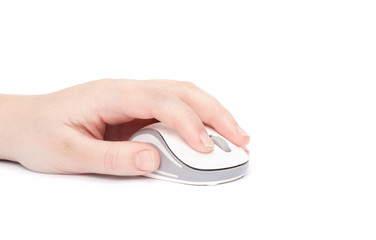 Hand click on modern computer mouse isolated