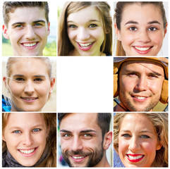 Young happy people in a frame with blank space in the middle