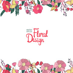 Floral border with flowers berries and butterfly