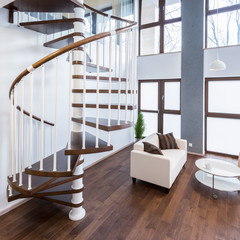Close-up of spiral stairs in luxury mansion