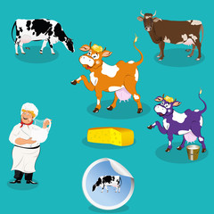 Cow,milkman,smiling milkman,sticker dairy product,vector icon.