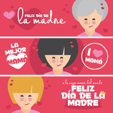 A set of cute design banners for Mothers Day. Your are the best mom ever, Happy Mothers Day, Best Mom and I love Mom written in Spanish