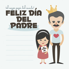 Happy Fathers day card. Vector Element Set. Dad with mustache and daughter. Written in Spanish
