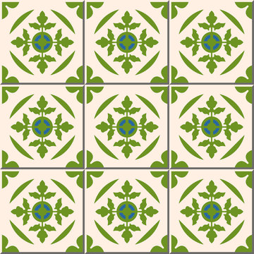 Vintage seamless wall tiles of green leaf. Moroccan, Portuguese.
