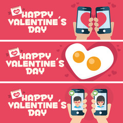 Happy Valentines day card. 3 banner for Valentines Day promotion. Toast, fried egg and mobiles
