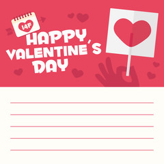 Happy Valentines day card letter. Hand with heart shaped lollipop
