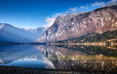 Cold winter morning at the Bohinj lake in Triglav national park Slovenia