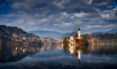Obraz premium St. Martin church on the Bled island in Slovenia.