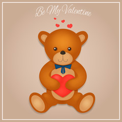 Valentines day card. Teddy bear with red hearth. Vector illustration