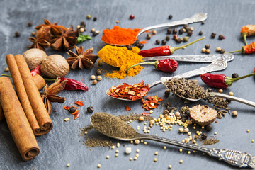 Cooking spices powders and seed, chili flakes, nutmeg and cinnam