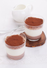 Yogurt jelly dessert with cacao in glass, vertical, closeup, selective focus.