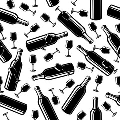 seamless pattern from a wine bottle and glasses on a white background
