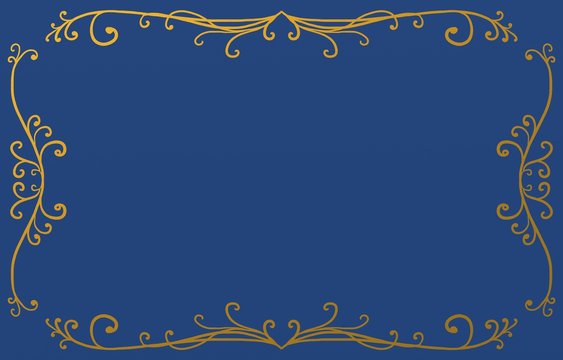 Royal Blue Background With Metallic Gold Border Design Of Fancy Curls And Flourishes In Victorian Pattern, Ornate Lines And Design Elements With Blank Center Copyspace