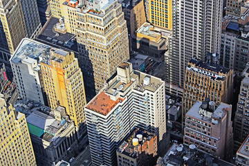 Fototapety  Widok z lotu ptaka na panoramę Manhattanu o zachodzie słońca, Nowy Jork
