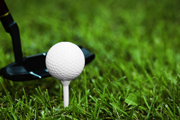 Golf balls and driver on green grass  background