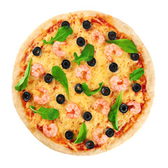 Pizza with shrimp olives and arugula on a white background.