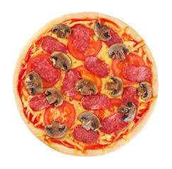 Pizza with sausage and mushrooms on a white background.