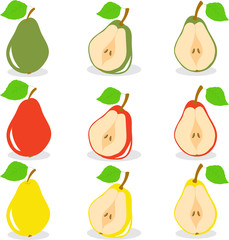 Yellow, red, green pears vector illustration on a transparent background