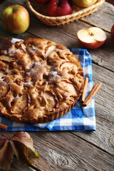 Homemade apple cake on grey wooden table